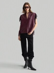 Ontre 2025 新款女士流苏装饰 V 领简约夹克，适合日常休闲穿着、情人节、春季 - 酒紅色 - 查看 1