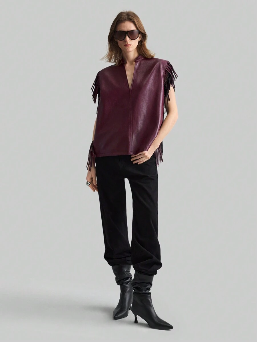 Ontre 2025 新款女士流苏装饰 V 领简约夹克，适合日常休闲穿着、情人节、春季 - 酒紅色 - 查看 1