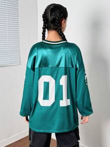 SHEIN 青少年女孩数字和字母印花足球球衣 T 恤，返校休闲装 - 綠色 - 查看 2