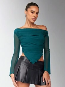 SHEIN BAE Blusa de manga larga de punto de malla con cuello y bajo asimétricos fruncidos en color marrón sólido, blusas de mujer para otoño, blusa con hombro asimétrico - Agua verde azul - Ver 6