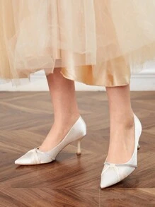 CUCCOO HITCHD Pointed Toe Rhinestone Bow Decor Women High Heel Pumps Prom Heels - White - View 1