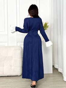 Modelyn Women's Elegant Long Dress, Round Neck Contrast Color Flare Sleeve - Blue - View 4