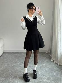 Gloray Sexy Elegant One-Piece Dress With Ruffle Collar And Cuffs, Fitted Waist, Pleated Mini , Stretchy Knit Fabric, Suitable For Daily, Date, Party Wear, Autumn/Winter