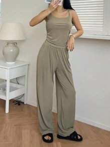 DAZY Simple Solid Color Loose Straight Long Pants Relaxed Fit Camisole Pajama Set - Green - View 7