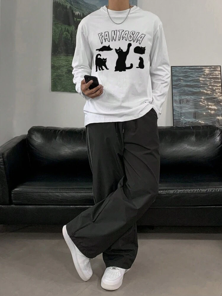 Men's Cartoon Cat & Letter Print Casual T-Shirt,Fall Clothes