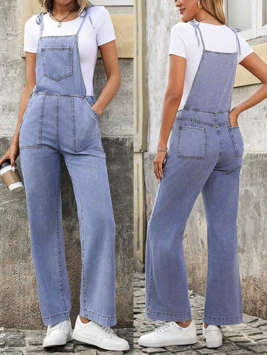 SHEIN LUNE Quần yếm denim và áo liền quần thường ngày cho nữ, tối giản và thời trang để mặc hàng ngày - Màu xanh lam - Xem 1