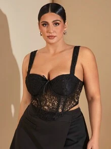 SHEIN BAE Plus Size Black Lace Sheer Sexy Top, Suitable For Dating, Party, Afternoon Tea, Summer Women Tops, Christmas Corset, Milkmaid Top, Holiday Women Tops, Sexy, Alternative Style, Y2K, New Year - Black - View 7