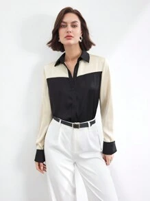 BizChic 女士缎面撞色办公室衬衫，优雅通勤工作服，适合新年、约会、春夏季 - 黑色 - 查看 1