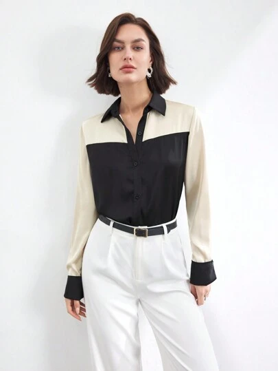 BizChic 女士缎面撞色办公室衬衫，优雅通勤工作服，适合新年、约会、春夏季