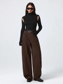 LYSMO 女士纯色高领长袖简约休闲上衣，日常穿着 - 黑色 - 查看 5