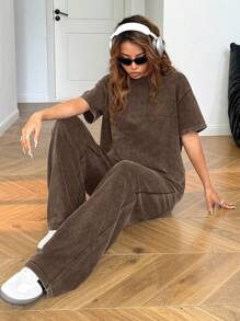 SHEIN EZwear Autumn/Winter Casual Homewear Set: Crew Neck Short Sleeve Top And Straight Leg Distressed Loose Pants