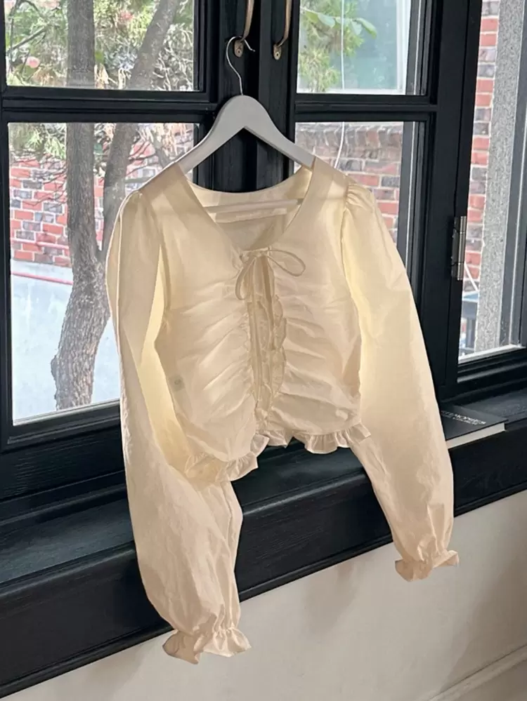 Women's Solid Color Lantern Sleeve Tie-Up Cropped White Long Sleeve Shirt, Apricot, Spring/Summer