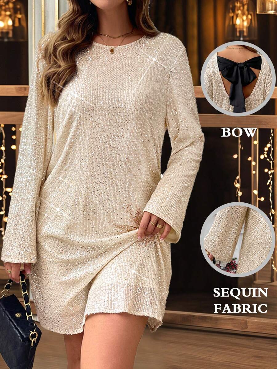 Flirla Plus Size Round Neck Sequin Patchwork Elegant Long Sleeve Dress - Beige - View 1