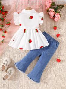 SHEIN 2 pièces Set décontracté à la mode pour bébé fille avec Top à broderie fraise et jeans évasés - Blanc - Voir 2