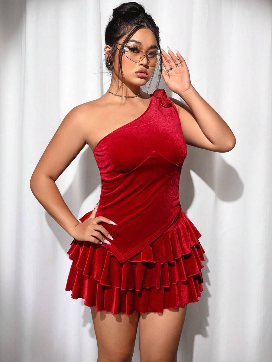 SHEIN ICON Parte superior de terciopelo sintético con un hombro y dobladillo asimétrico con rosas 3D, sexy para una cita nocturna de San Valentín talla grande