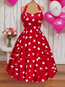 SHEIN MOOSTA 大码女式红色爱心印花露背连衣裙，非常适合情人节 - 彩色 - 查看 1