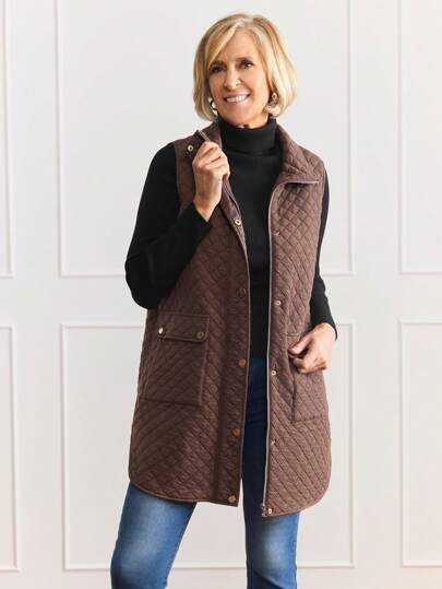 SHEIN LUNE Abrigo casual acolchado sin mangas con bolsillos con cremallera de unicolor para mujer, otoño e invierno