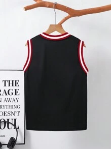 1st Tween Boy Color Block Rood & Wit Grafische Print Losse Fit Tanktop, Geschikt Voor Zomer Casual, Sport, Vakantie