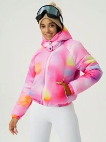 Women Tie-Dye Raglan Sleeve Zip Front Hooded Sports Jacket, Winter For Ski & Daily Wear - Pink - View 5