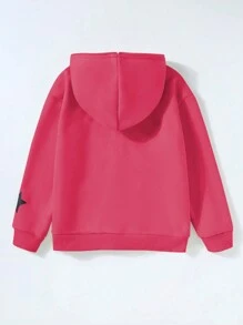 SHEIN 少女休闲运动撞色星形印花宽松落肩口袋拉链卫衣外套 - 粉色 - 查看 2
