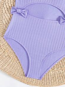 SHEIN Teen Girl's Solid Color Wide Strap Bow Decor One-Piece Swimsuit - Purple - View 6