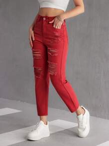 SHEIN PETITE Damen Gerade geschnittene Jeans mit Distressed-Effekt, lässig, mit Taschen, vielseitig einsetzbar