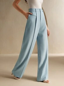 Anewsta 黑色都市时尚休闲宽松直腿腰带西装裤 - 淺藍色 - 查看 1