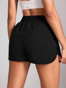 SHEIN Sports 高腰宽松防擦伤跑步短裤，健身性感收腹瑜伽短裤女士运动短裤，健身短裤，骑行短裤 - 黑色 - 查看 2