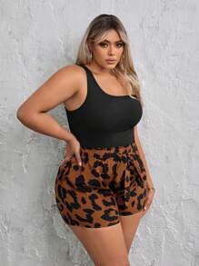 SHEIN SXY Plus Size Women 2 Pieces Set Solid One Shoulder Sleeveless Ribbed Top & Leopard Print Shorts, Fashionable - Black - View 6