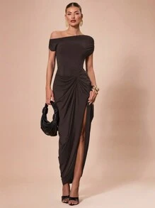 SHEIN BAE Vestido de punto elástico negro elegante para mujer, de estilo drapeado con detalle fruncido y bajo asimétrico, adecuado para fiestas, citas románticas, capas de otoño/invierno, fiestas, discotecas, eventos formales, salidas nocturnas, bodas, Halloween, Navidad