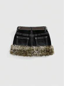 ROMWE Kawaii Y2K Gyaru 复古豹纹蓬松下摆女式迷你低腰半身裙 配腰带配饰 - 黑色 - 查看 4
