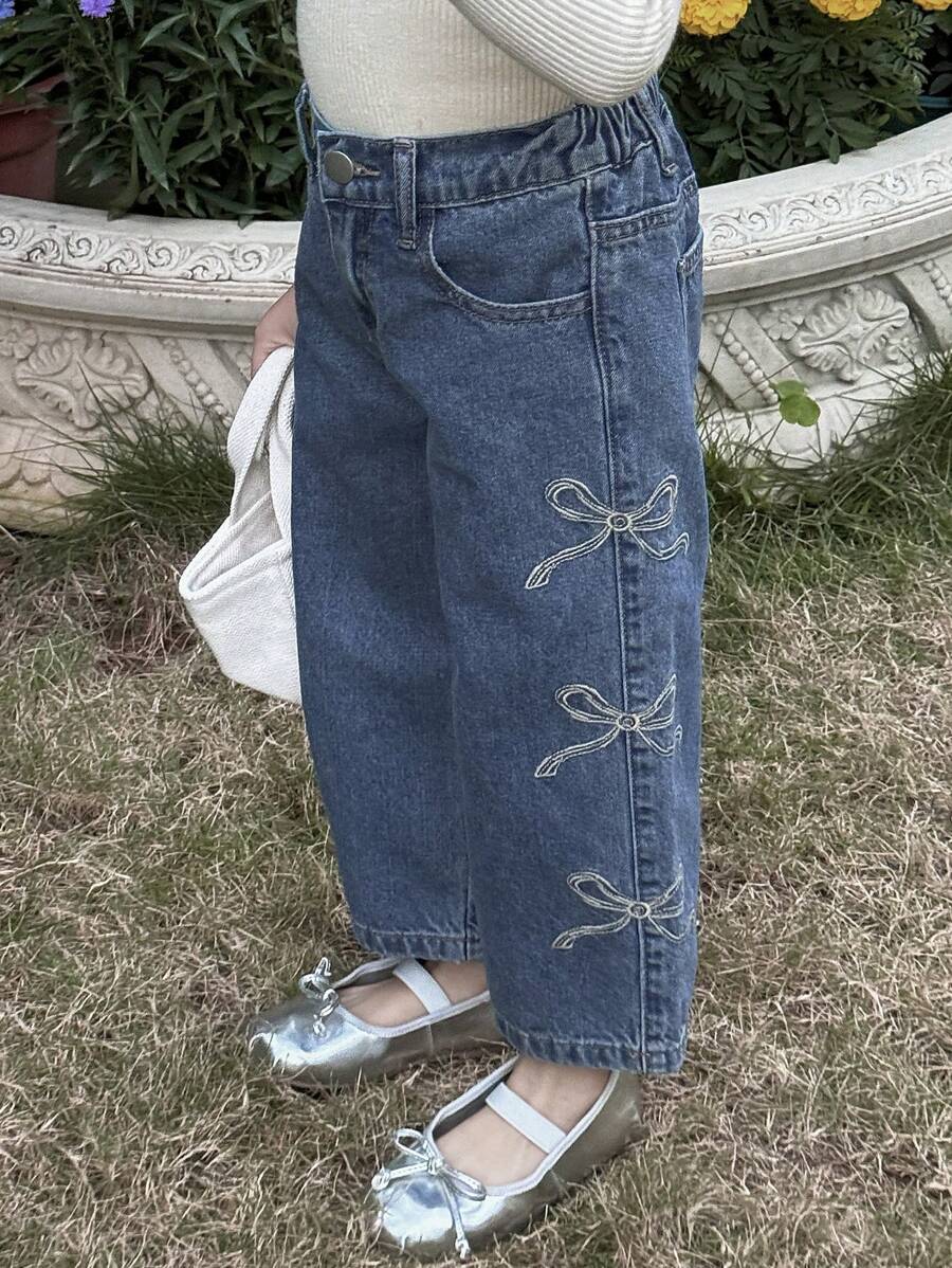 Dazy Kids 年轻女孩前扣口袋蝴蝶结休闲牛仔裤 - 淺色水洗藍 - 查看 1