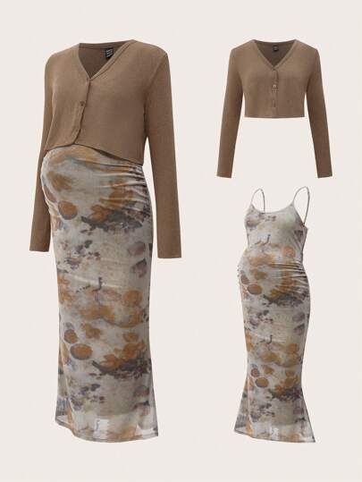 Modmama 2 Pieces Set Khaki Mesh Vintage Print Maternity Long Sleeve Outfit