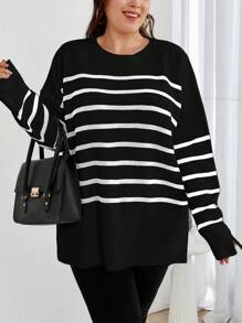 EURMUSE Suéter talla grande con hombros caídos y patrón de rayas - Blanco y Negro - Ver 1