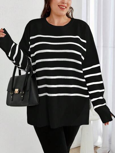 EURMUSE Plus Size Striped Pattern Drop Shoulder Sweater