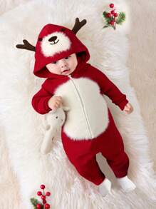 SHEIN Newborn Baby Girls' Christmas Colorblock Hooded Knit Romper For Autumn/Winter - Red - View 1