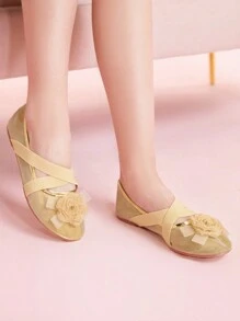 CUCCOO DOLLMOD 女士粉色圆头平底鞋，蝴蝶结和波尔卡圆点网眼设计，可爱风格，适合学校/休闲装情人节 - 金色 - 查看 4
