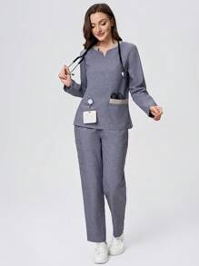 TaskEZ Women's Colorblock Multi-Pocket Long Sleeve Scrub Uniform Top - Blue - View 1