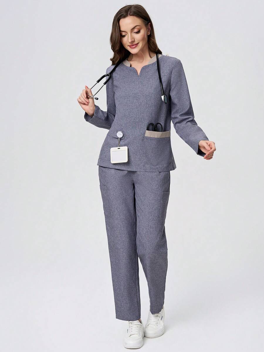 TaskEZ Women's Colorblock Multi-Pocket Long Sleeve Scrub Uniform Top - Blue - View 1