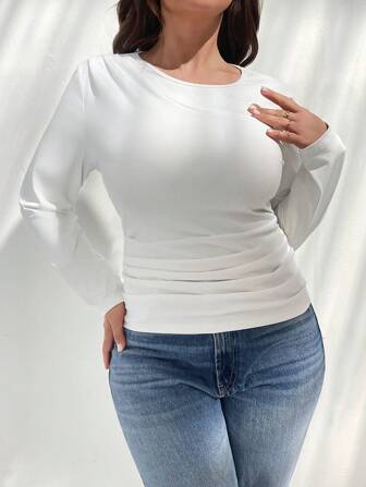 SHEIN Privé 大码女式优雅舒适休闲简约圆领收腰不对称下摆白色透明长袖弹力 T 恤，秋冬