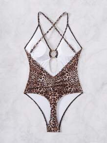 SHEIN Swim Summer Women's Leopard Print Backless Deep V-Neck One-Piece Swimsuit, Fashionable Sexy