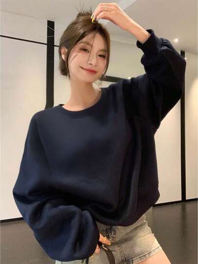 DAZY Women's Solid Color Round Neck Long Sleeve Minimalist Sweatshirt, Casual Everyday Wear