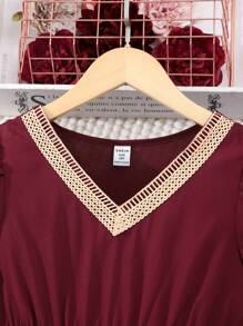 Tween Girls V-Neck Lace Panel Elegant Short Sleeve Dress - Burgundy - View 4