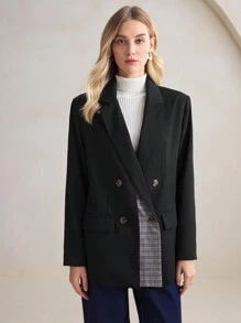 BizChic Blazer informal de mujer de doble capa con solapa a cuadros y parches, conjunto de ropa de mujer de otoño con aislamiento térmico