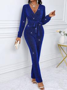 女士纯色 V 领闪亮连体裤，修身剪裁，简约休闲风格，适合日常穿着