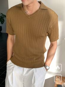 Manfinity CasualKnits Men's Solid Color Turndown Collar Short Sleeve Casual Knit Top, Autumn - Multicolor - View 5