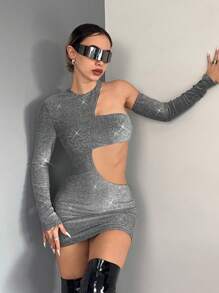 EgrlEra 女士性感镂空露背袖闪光复合紧身迷你连衣裙、派对装