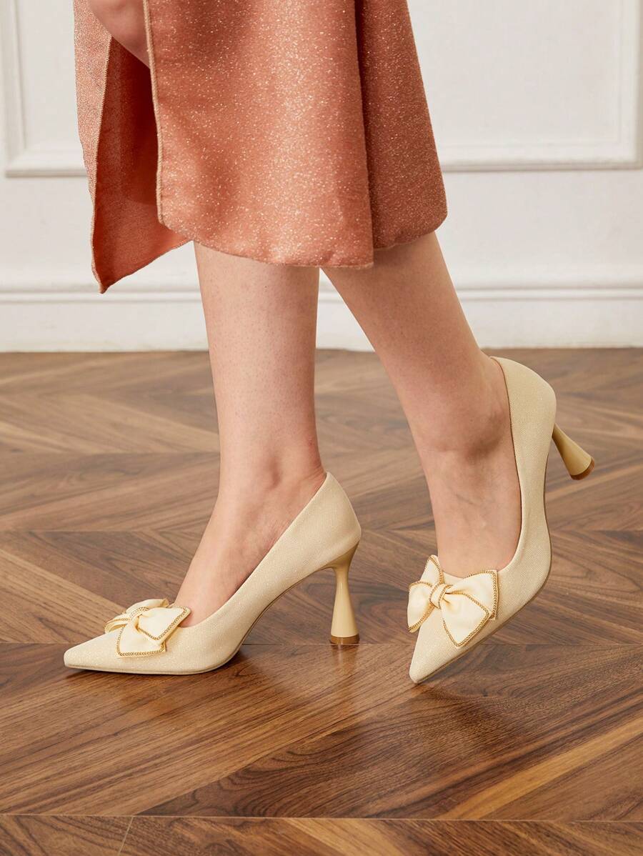 CUCCOO HITCHD Women's Fashion Elegant Gold Toe Rhinestone Bow Pointy Toe Stiletto High Heels, Suitable For Wedding, Bridesmaid, Banquet, Date, Party, Christmas, New Year, Valentine's Day, Comfortable Shoes Valentines