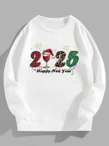 Manfinity Homme Men's New Year Slogan Print Long Sleeve Casual Pullover Sweatshirt, Autumn/Winter