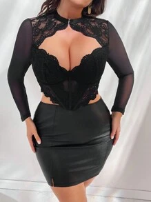 SHEIN Unity Plus Size Women's Sexy Long Sleeve Lace Top, Elegant Fall Cloth For Women - Black - View 5
